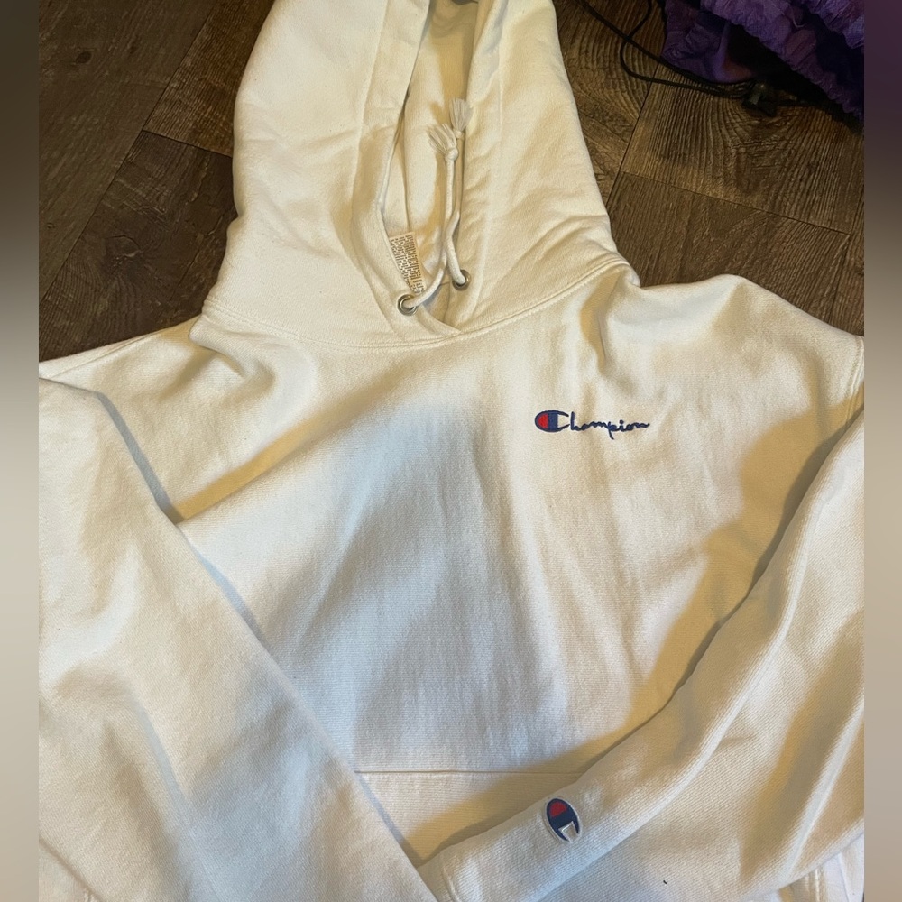 Champion White Hoodie, Size Large, fits like a medium I would say